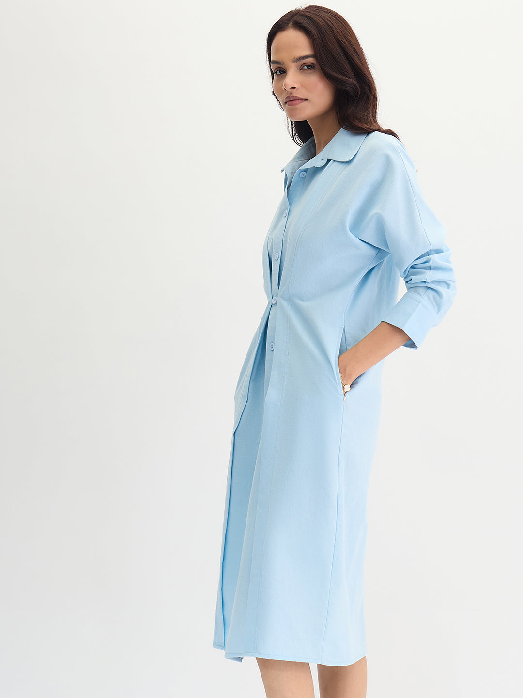 Light Blue Cotton Linen Button Down Midi Dress