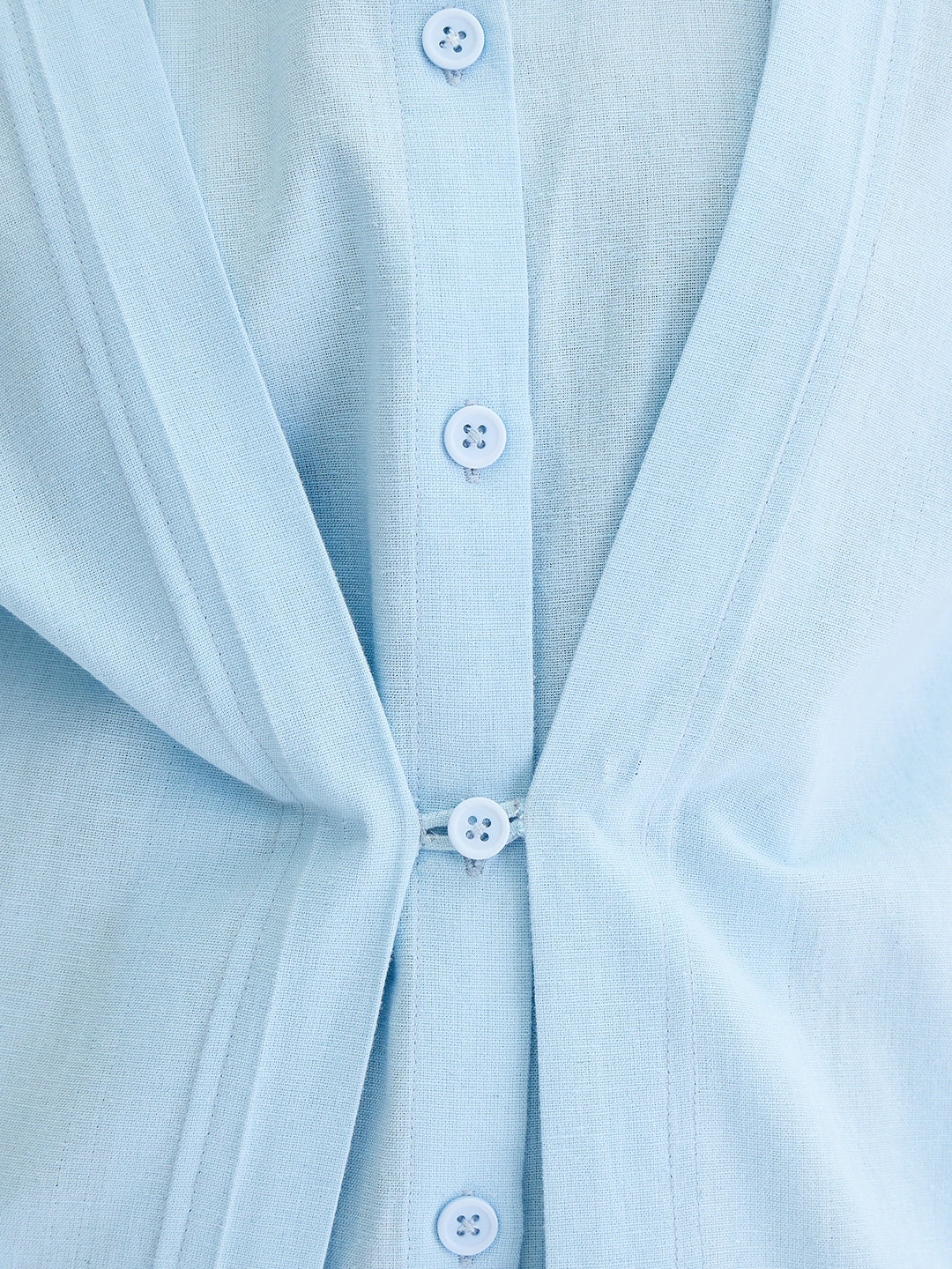 Light Blue Cotton Linen Button Down Midi Dress