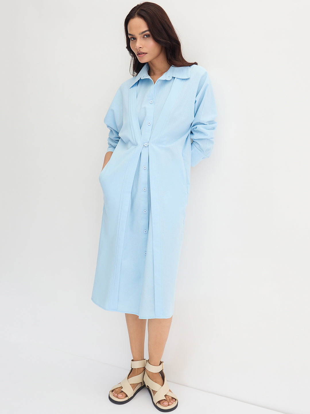Light Blue Cotton Linen Button Down Midi Dress