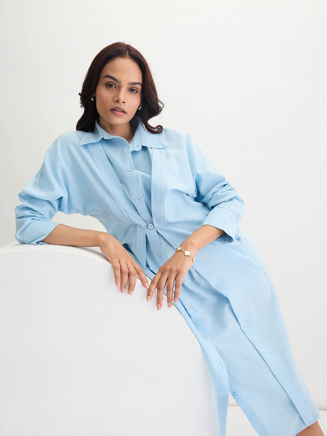 Light Blue Cotton Linen Button Down Midi Dress