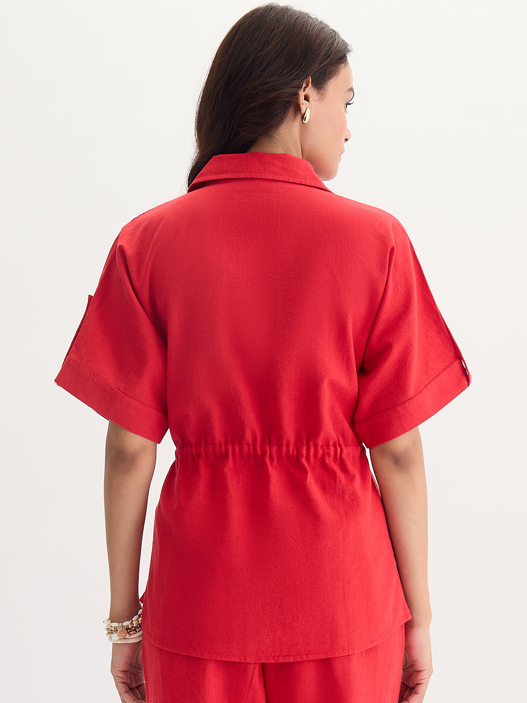 Red Cotton Linen Drawstring Detail Shirt