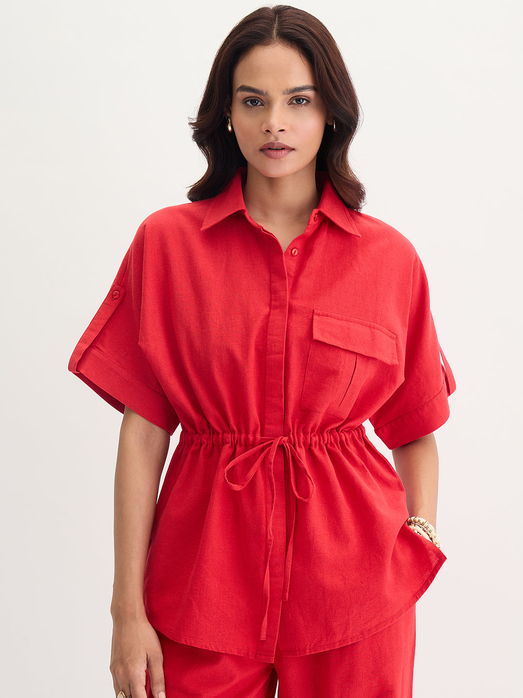 Red Cotton Linen Drawstring Detail Shirt