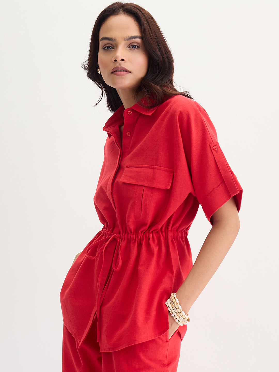 Red Cotton Linen Drawstring Detail Shirt