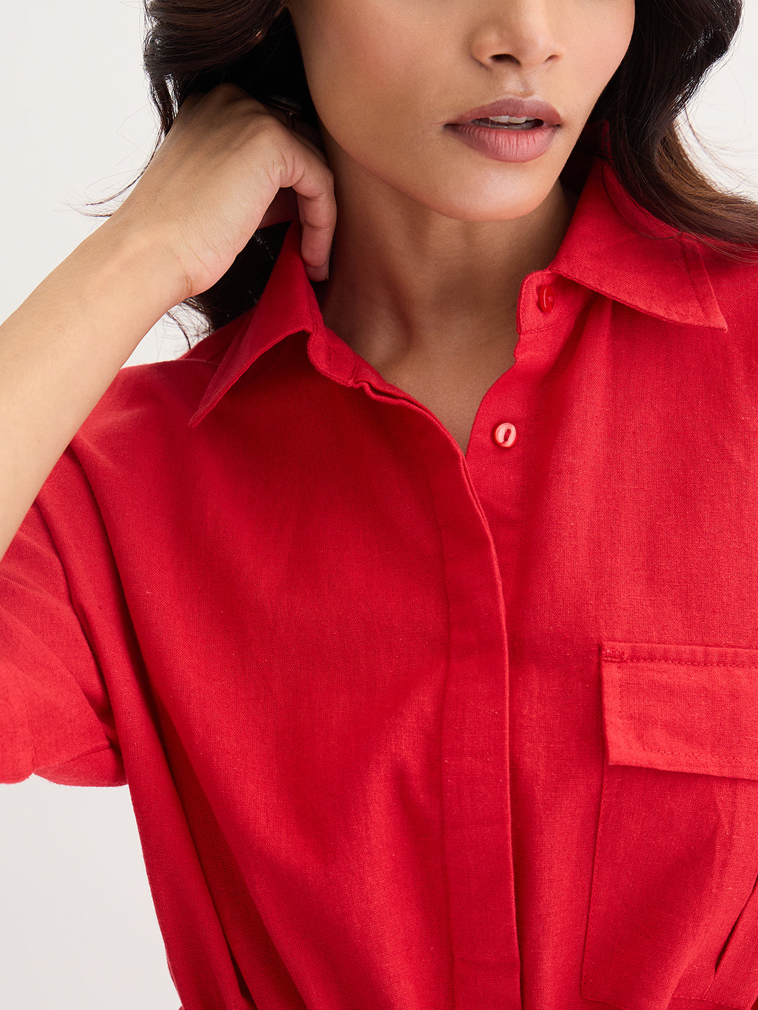 Red Cotton Linen Drawstring Detail Shirt