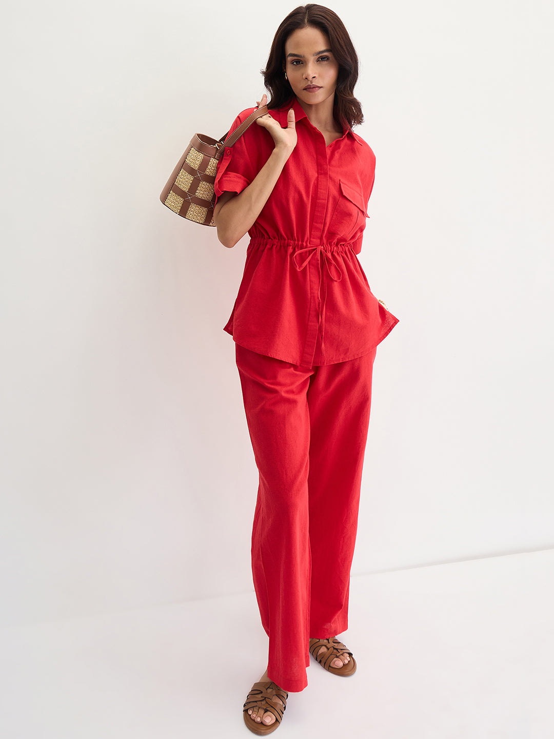 Red Cotton Linen Drawstring Detail Shirt