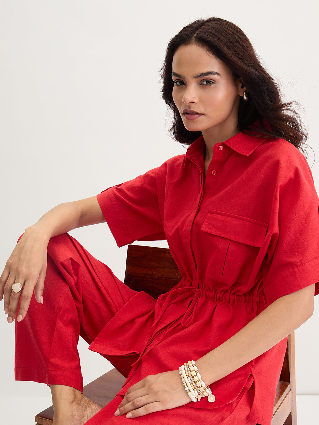 Red Cotton Linen Drawstring Detail Shirt