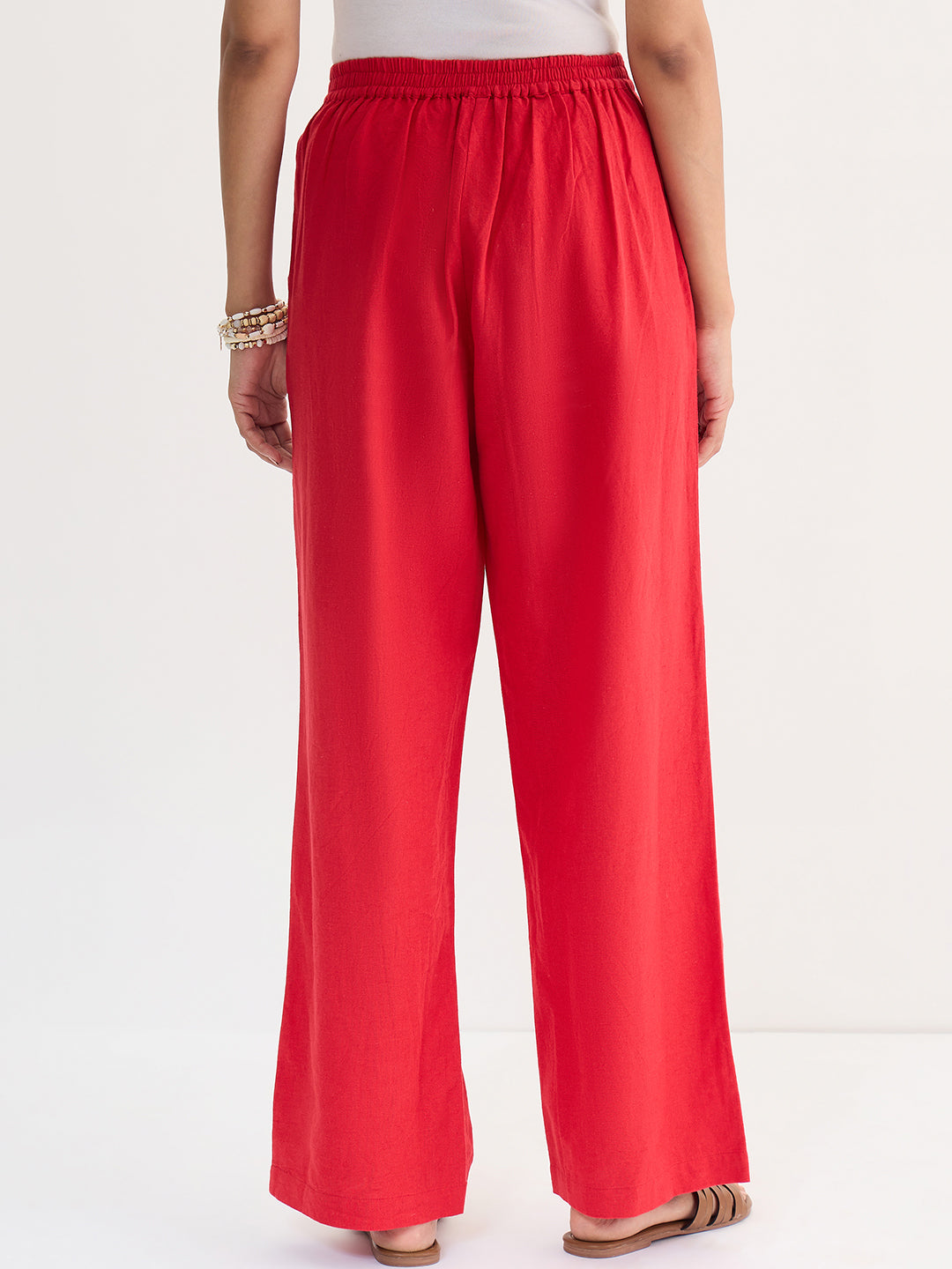 Red Cotton Linen Straight Pants