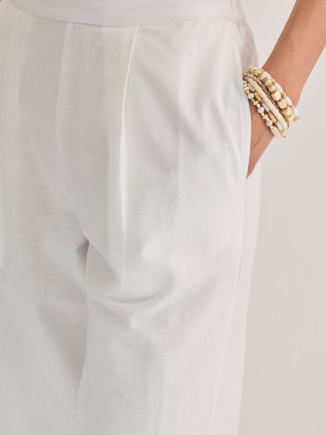 White Cotton Linen Straight Pants