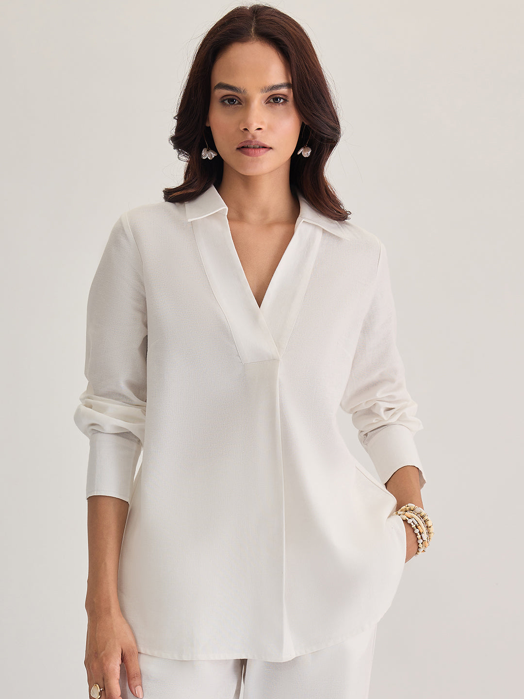White Cotton Linen Pleat Detail Tunic