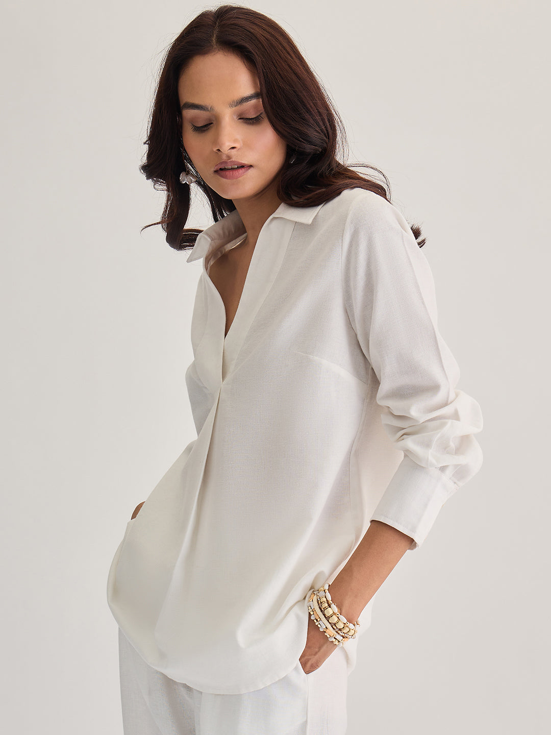 White Cotton Linen Pleat Detail Tunic