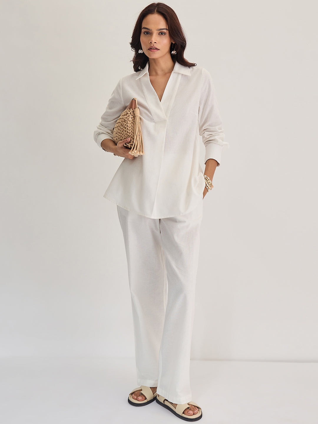 White Cotton Linen Pleat Detail Tunic