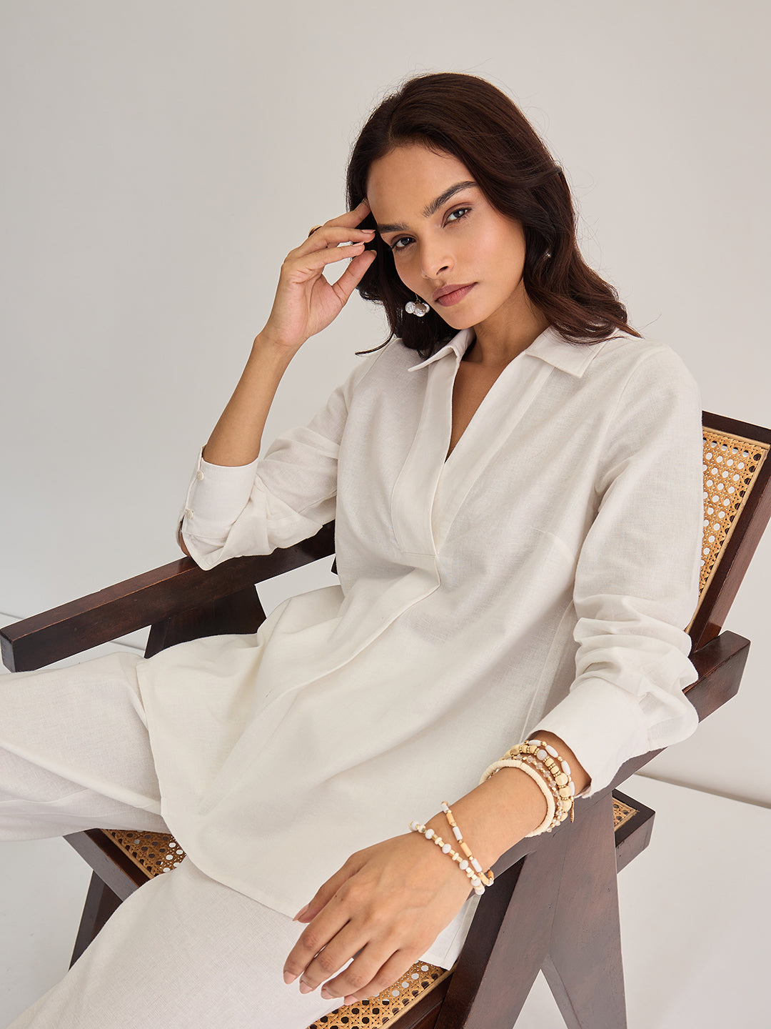 White Cotton Linen Pleat Detail Tunic