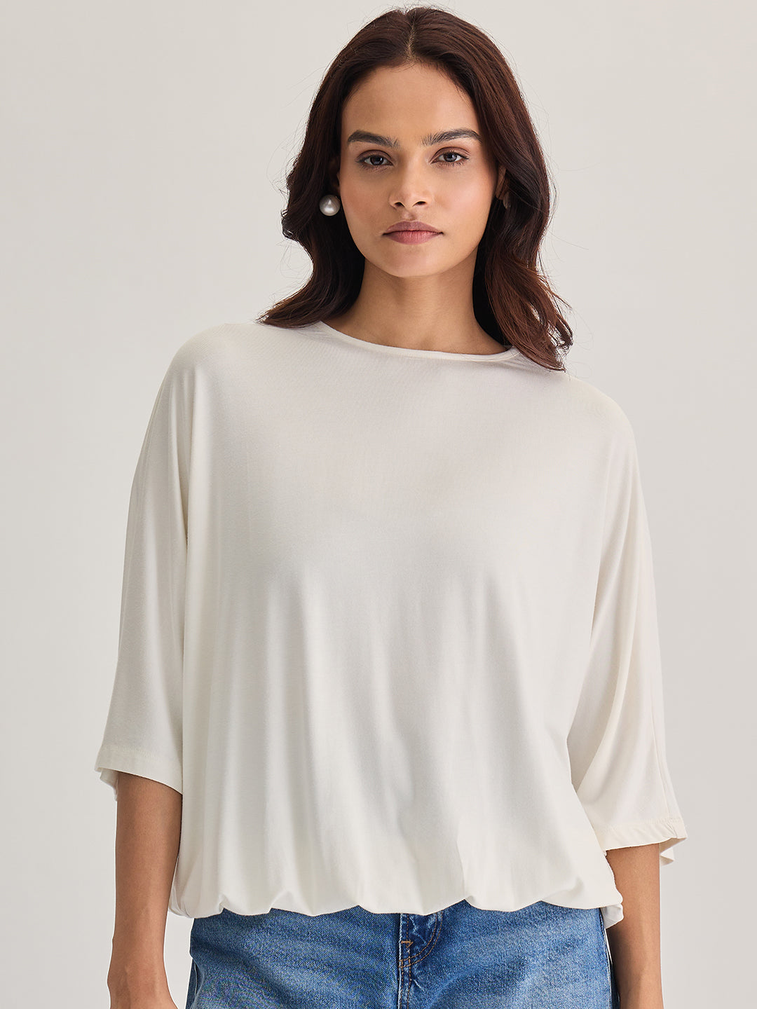 Bamboo White Knit Elasticated Hem Detail Top