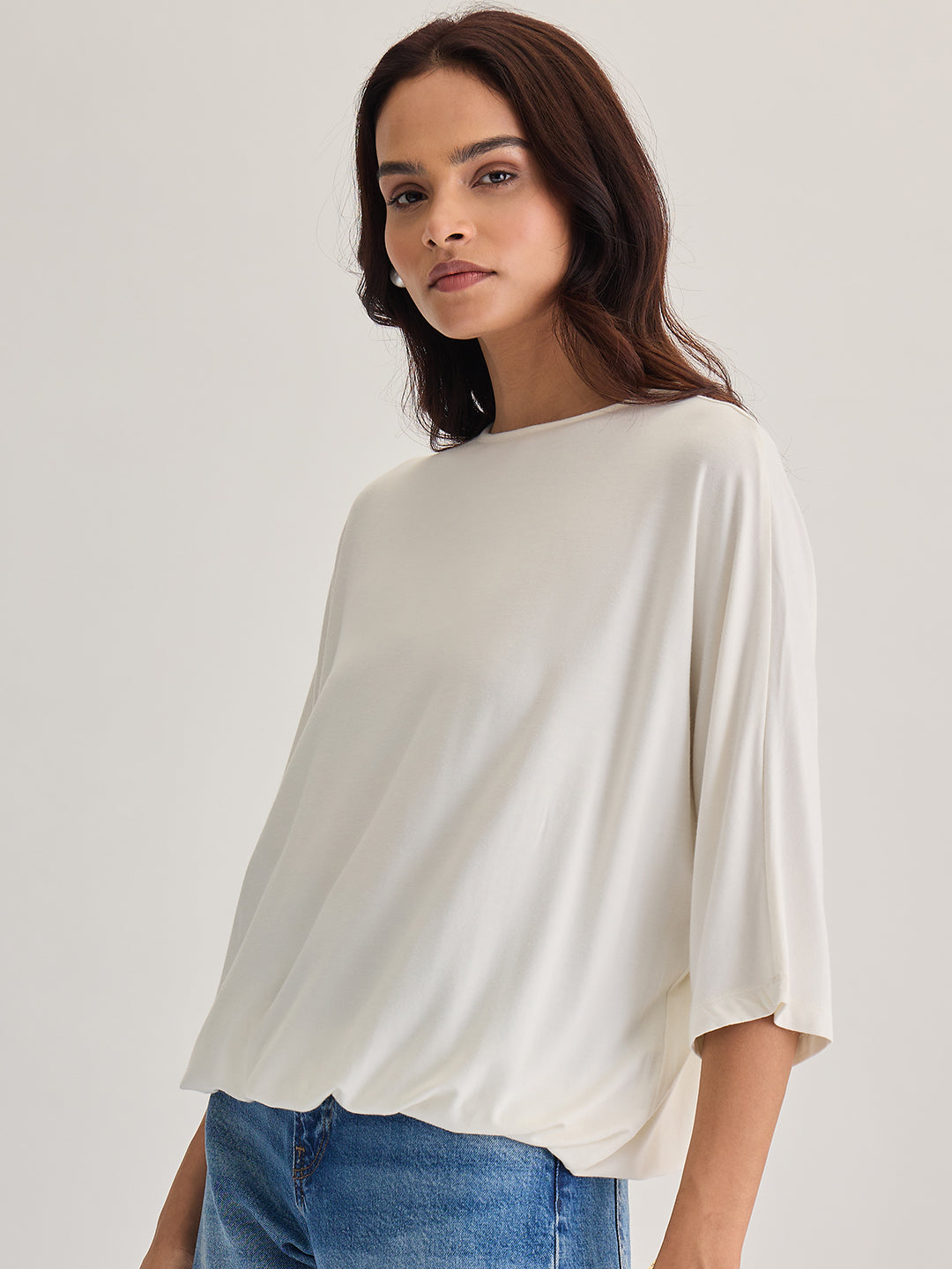 Bamboo White Knit Elasticated Hem Detail Top
