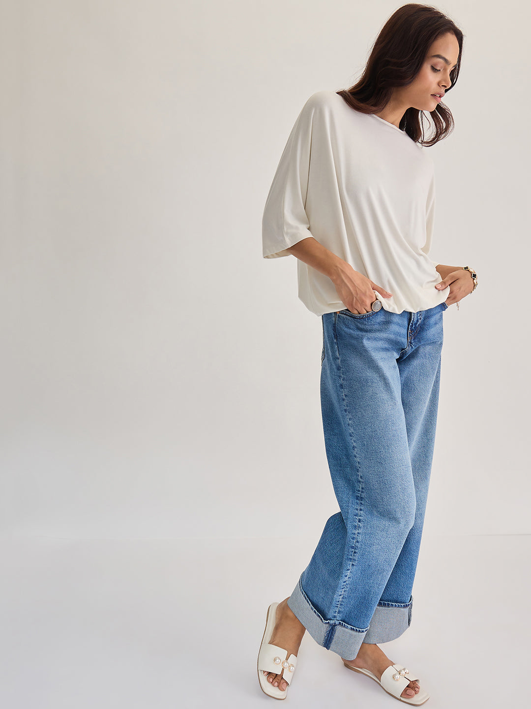 Bamboo White Knit Elasticated Hem Detail Top