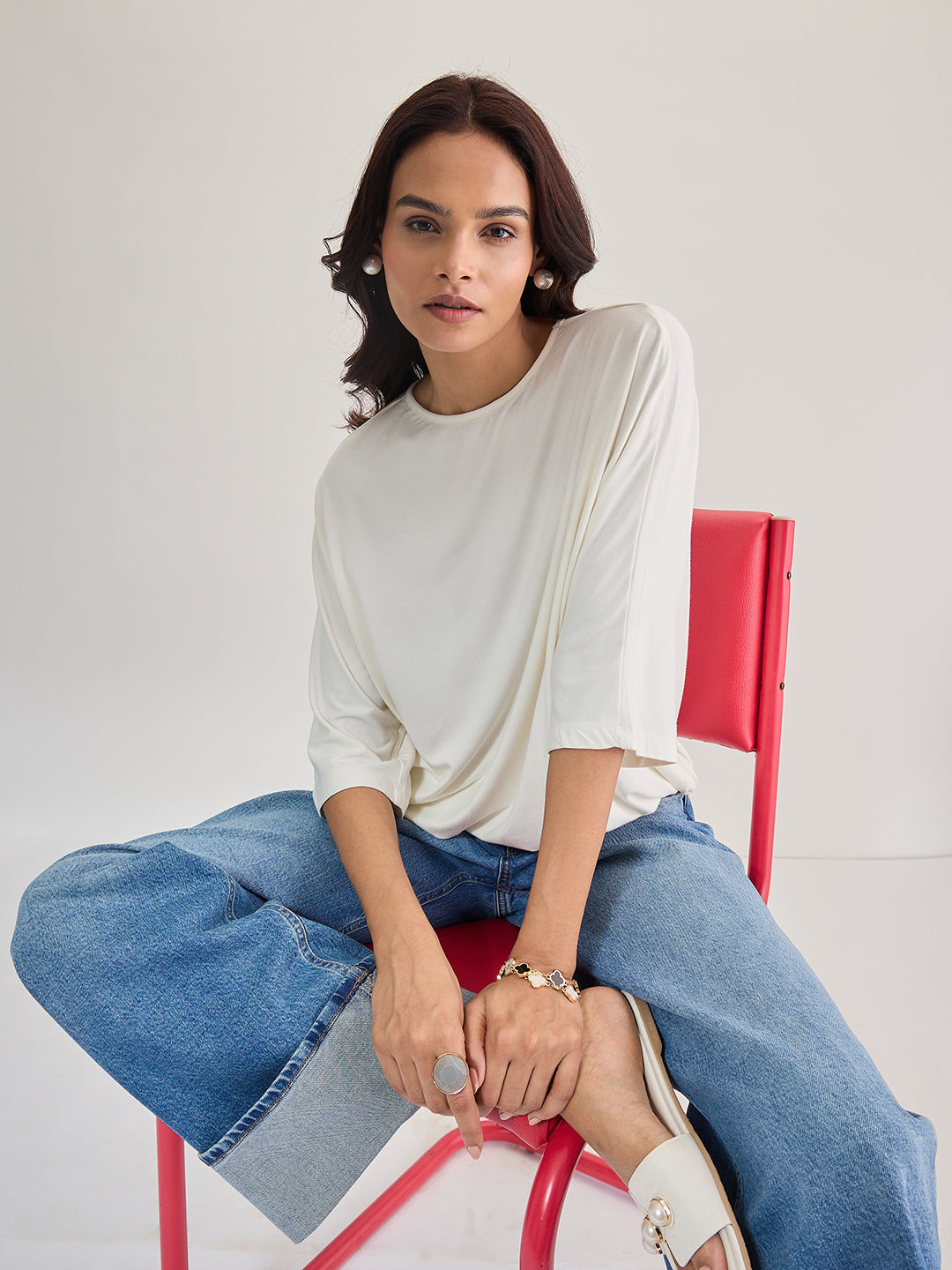 Bamboo White Knit Elasticated Hem Detail Top