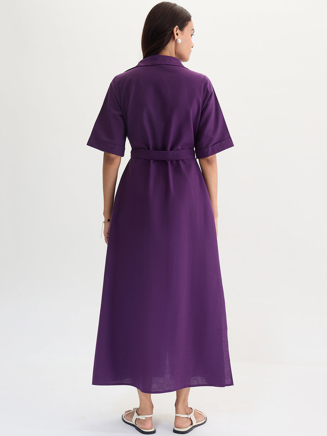 Deep Purple Cotton Linen Maxi Shirt Dress