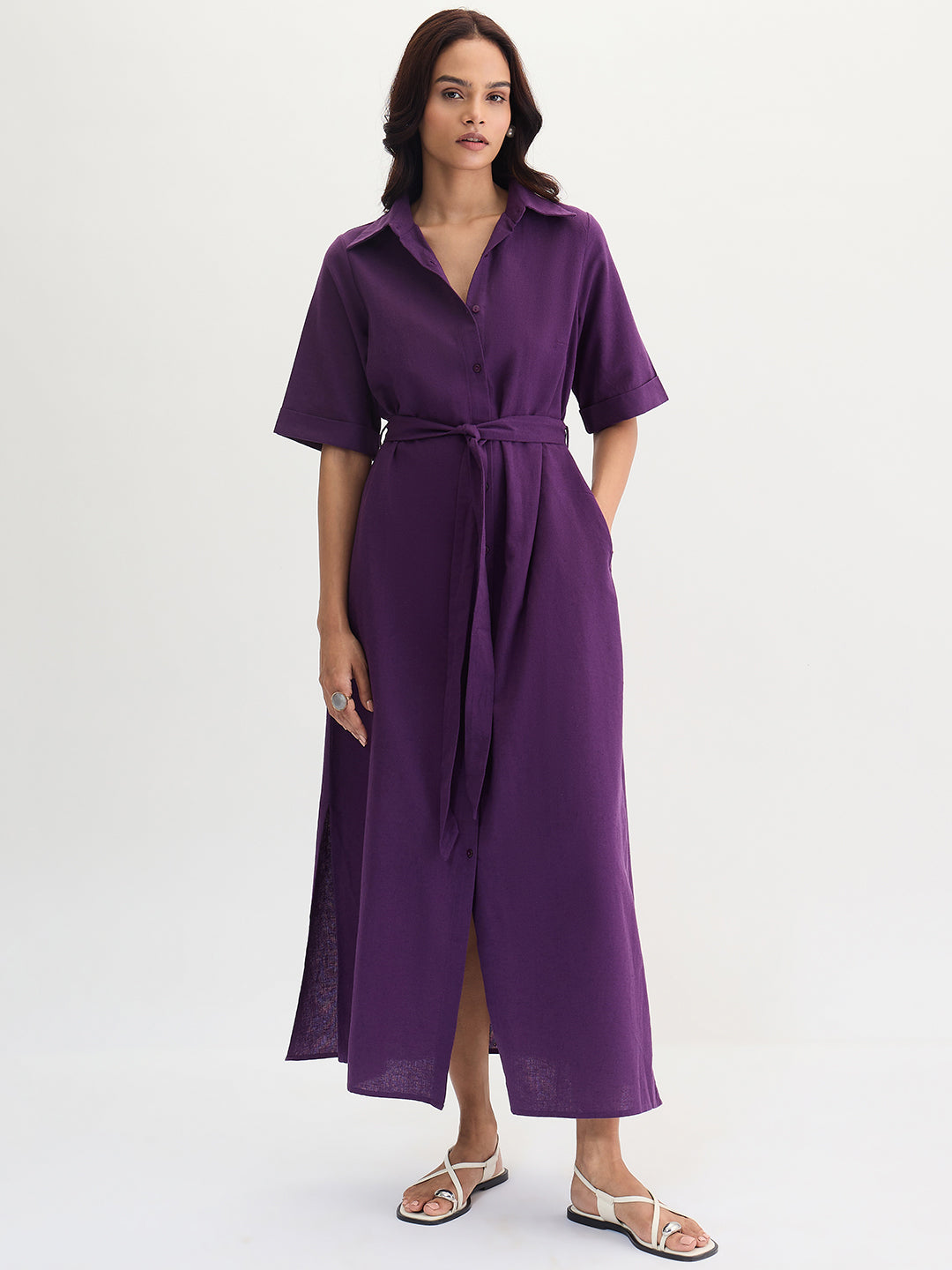 Deep Purple Cotton Linen Maxi Shirt Dress