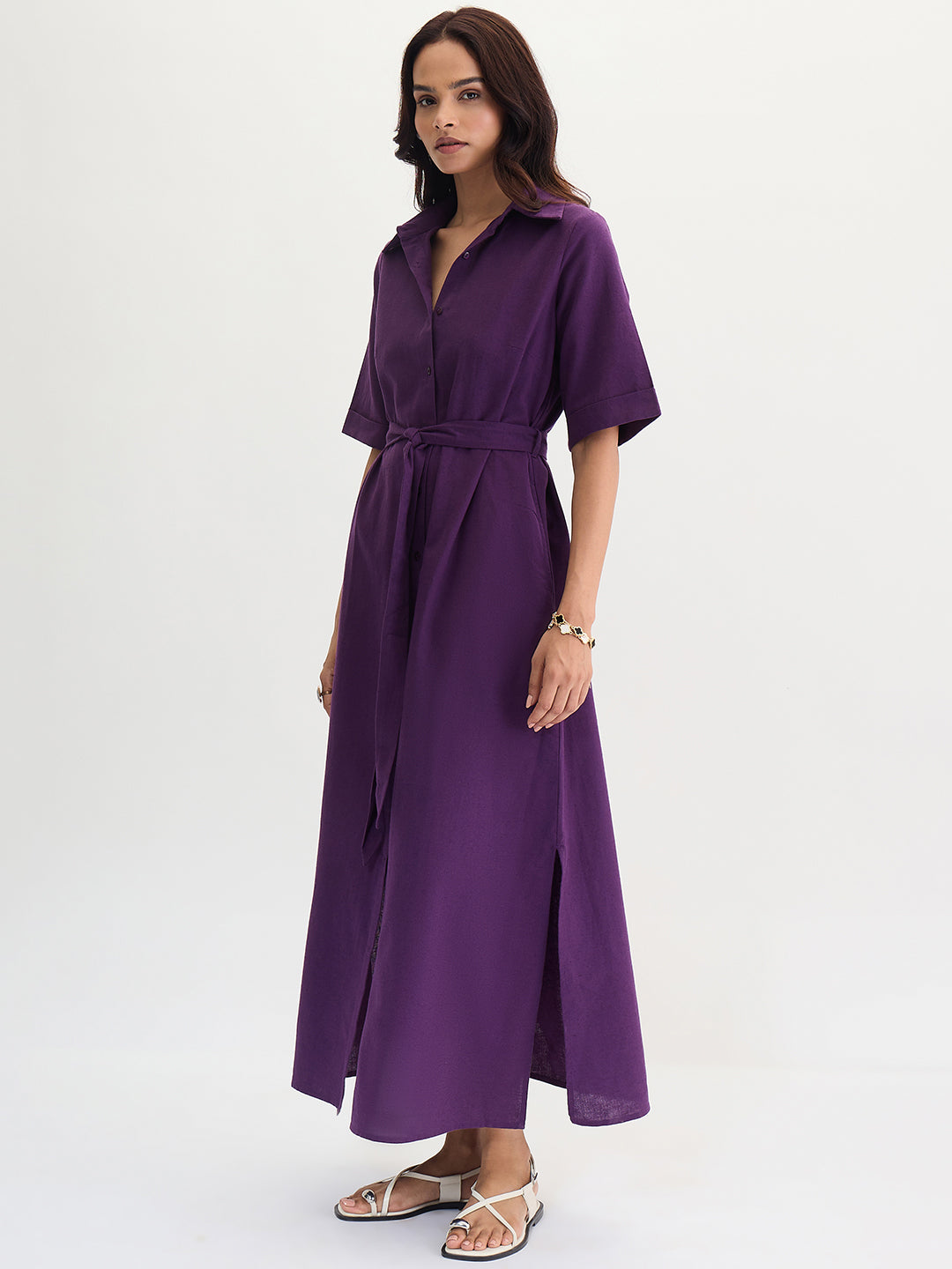 Deep Purple Cotton Linen Maxi Shirt Dress