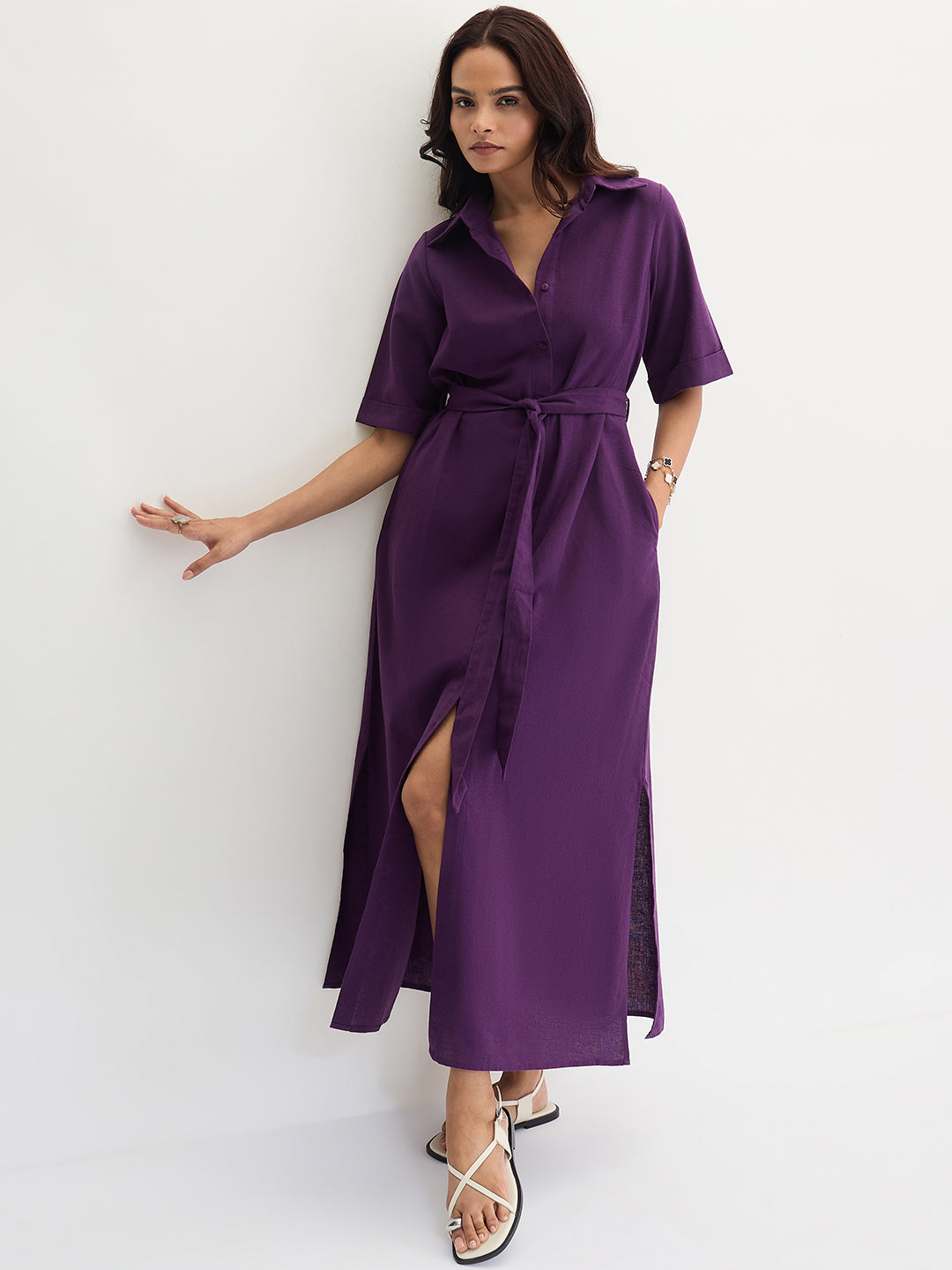 Deep Purple Cotton Linen Maxi Shirt Dress