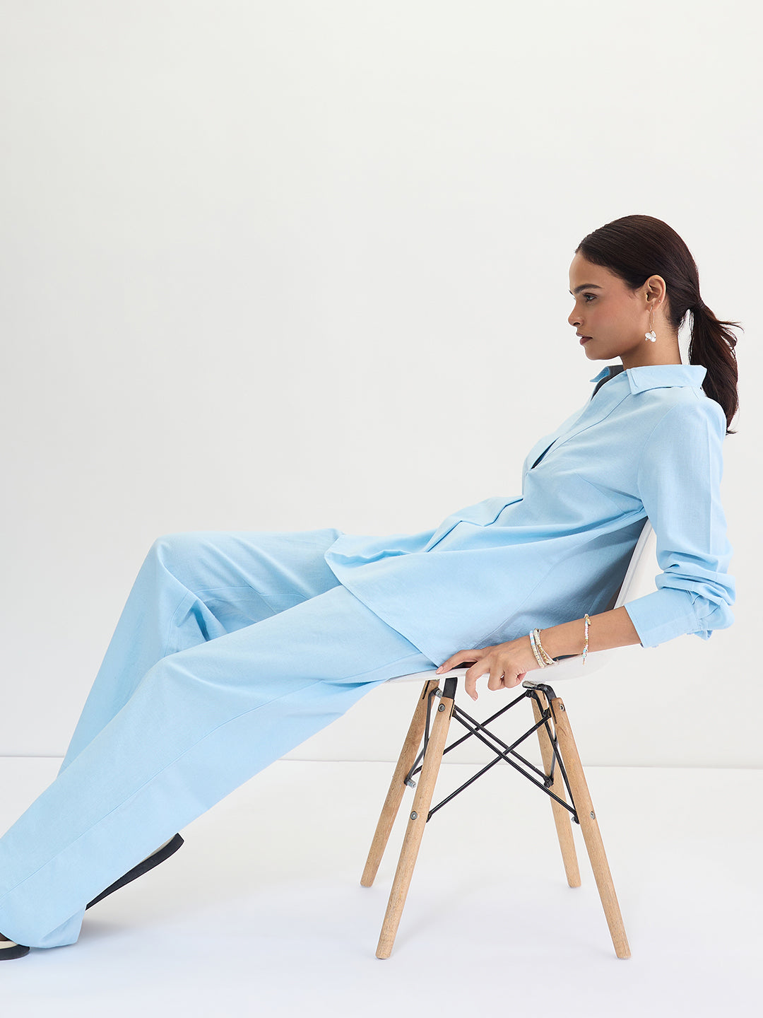 Light Blue Cotton Linen Straight Pants