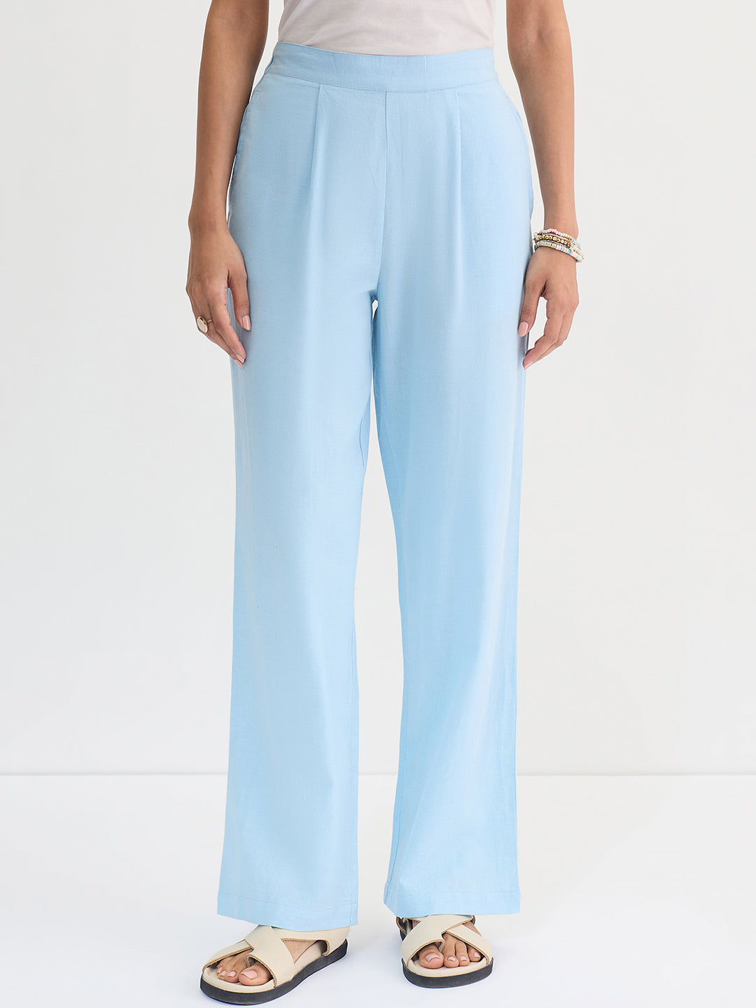 Light Blue Cotton Linen Straight Pants