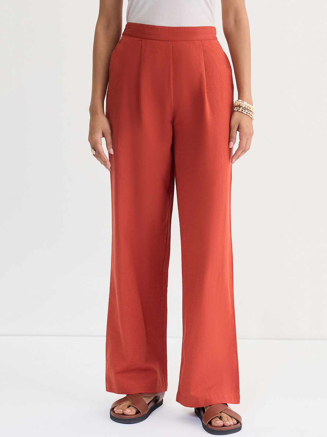 Rust Cotton Linen Straight Pants