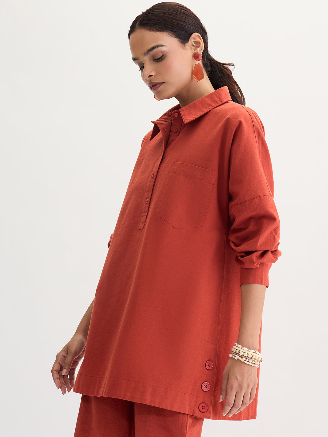 Rust Cotton Linen Button Detail Tunic