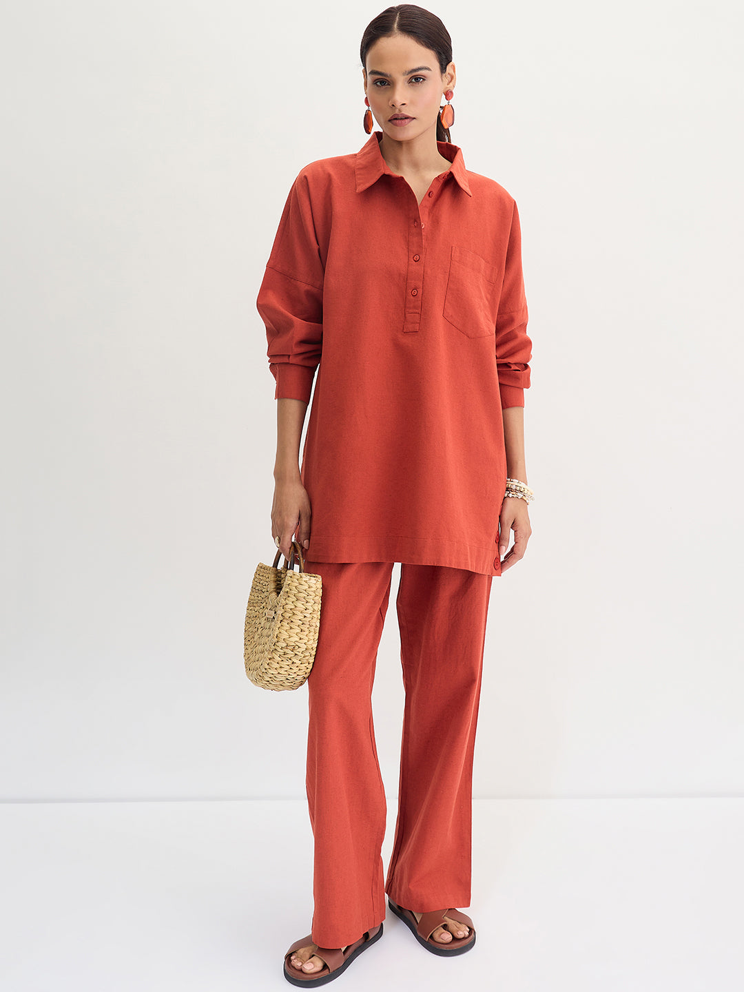 Rust Cotton Linen Button Detail Tunic