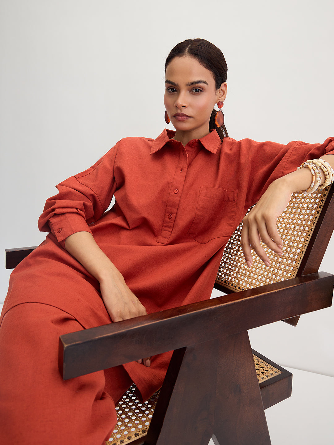 Rust Cotton Linen Button Detail Tunic