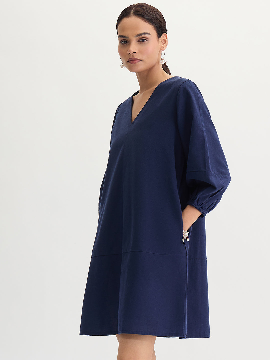 Navy Blue Cotton Linen Mini Dress