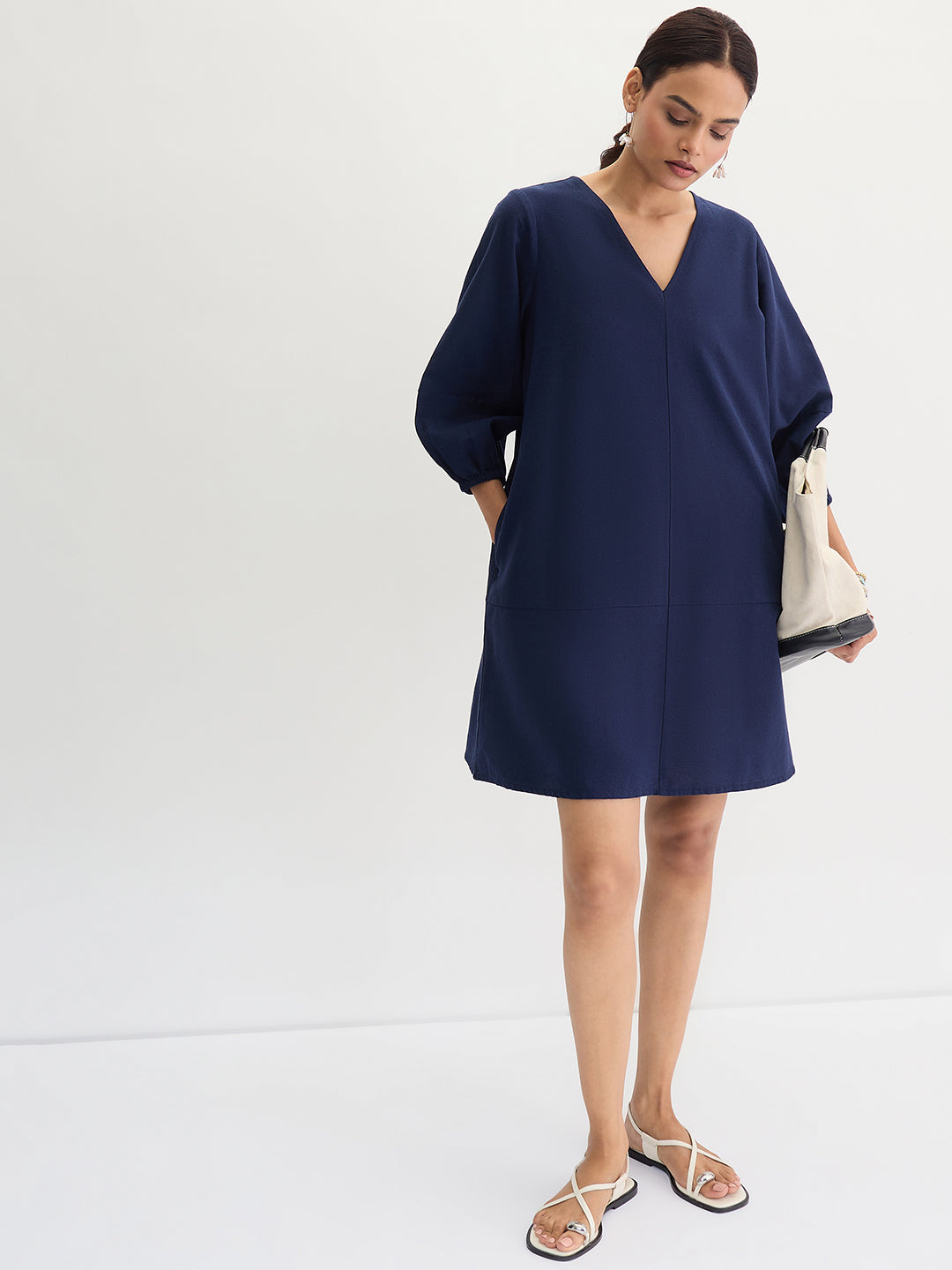 Navy Blue Cotton Linen Mini Dress