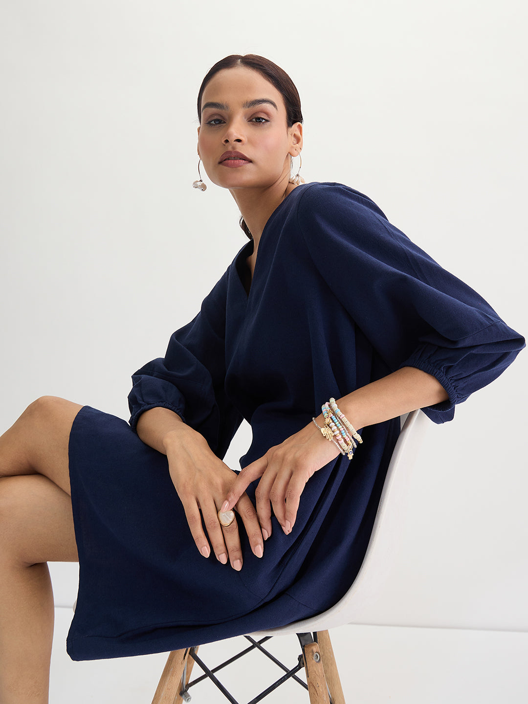 Navy Blue Cotton Linen Mini Dress