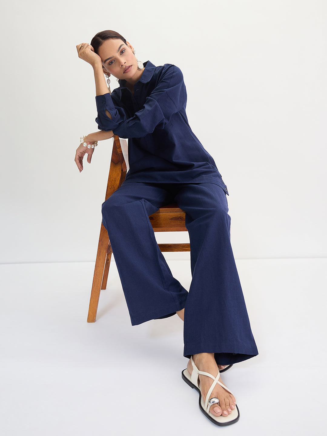 Navy Blue Cotton Linen Straight Pants