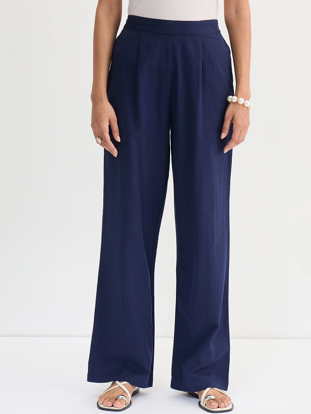 Navy Blue Cotton Linen Straight Pants