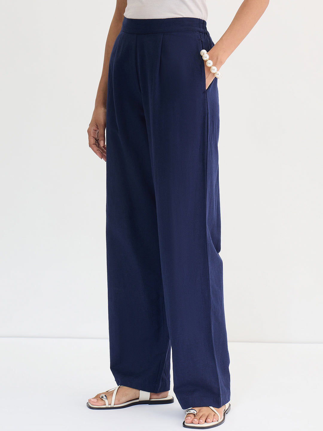 Navy Blue Cotton Linen Straight Pants