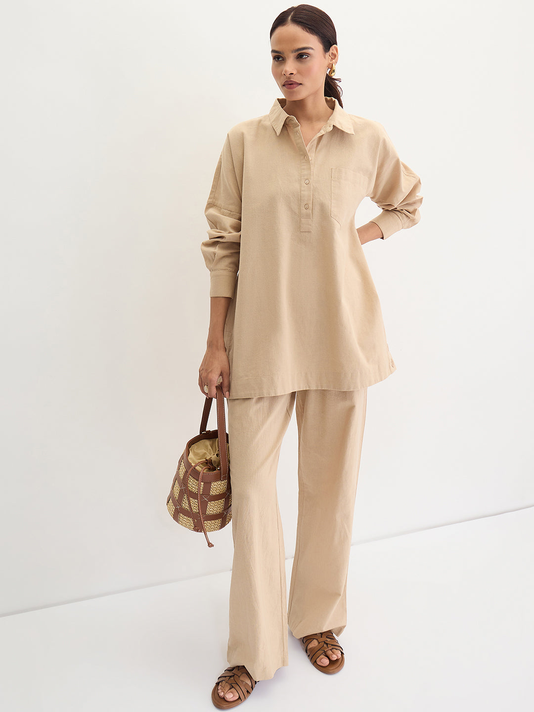 Beige Cotton Linen Straight Pants