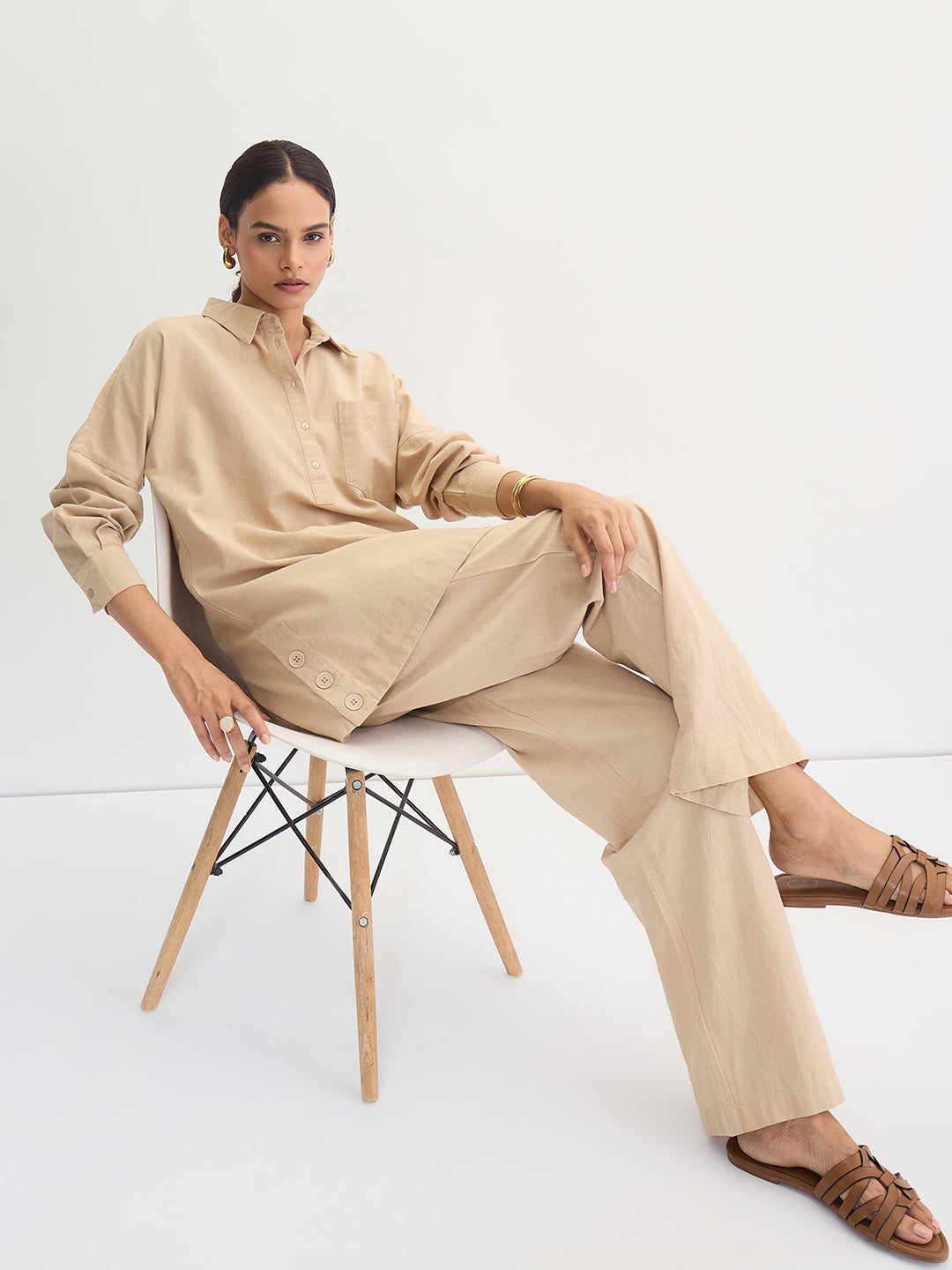 Beige Cotton Linen Straight Pants