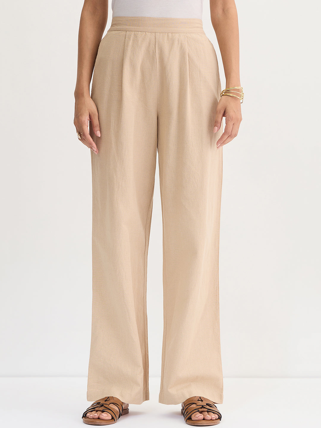 Beige Cotton Linen Straight Pants