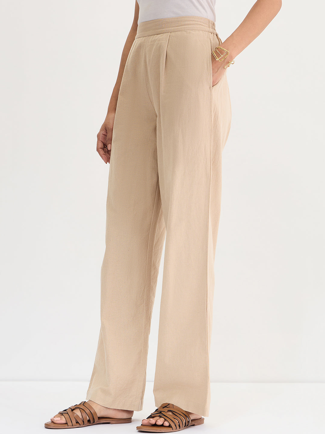 Beige Cotton Linen Straight Pants