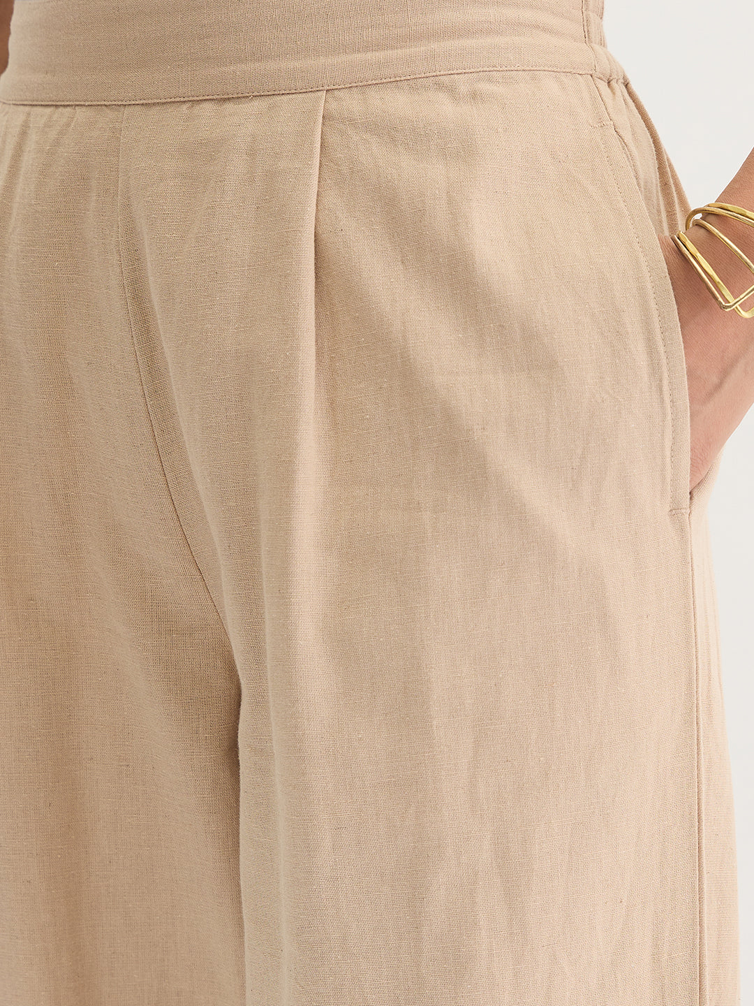 Beige Cotton Linen Straight Pants