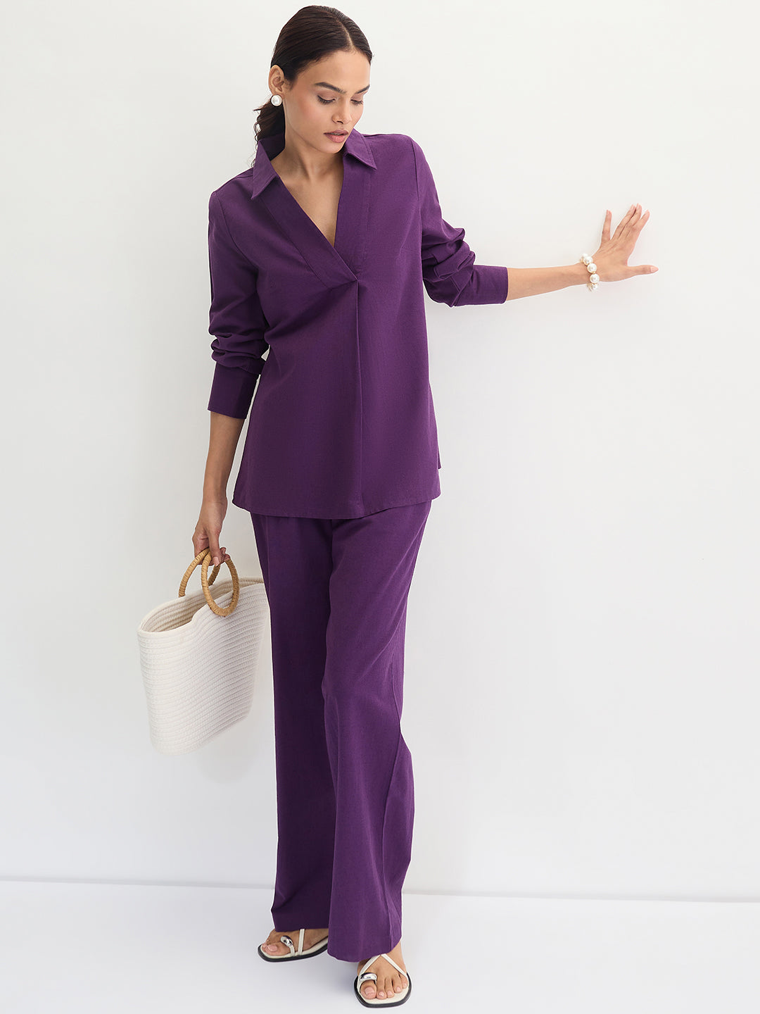 Deep Purple Cotton Linen Pleat Detail Tunic