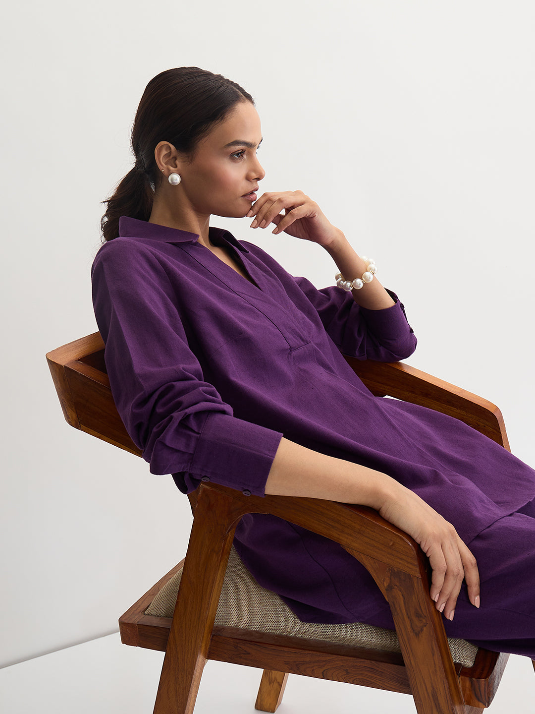 Deep Purple Cotton Linen Pleat Detail Tunic