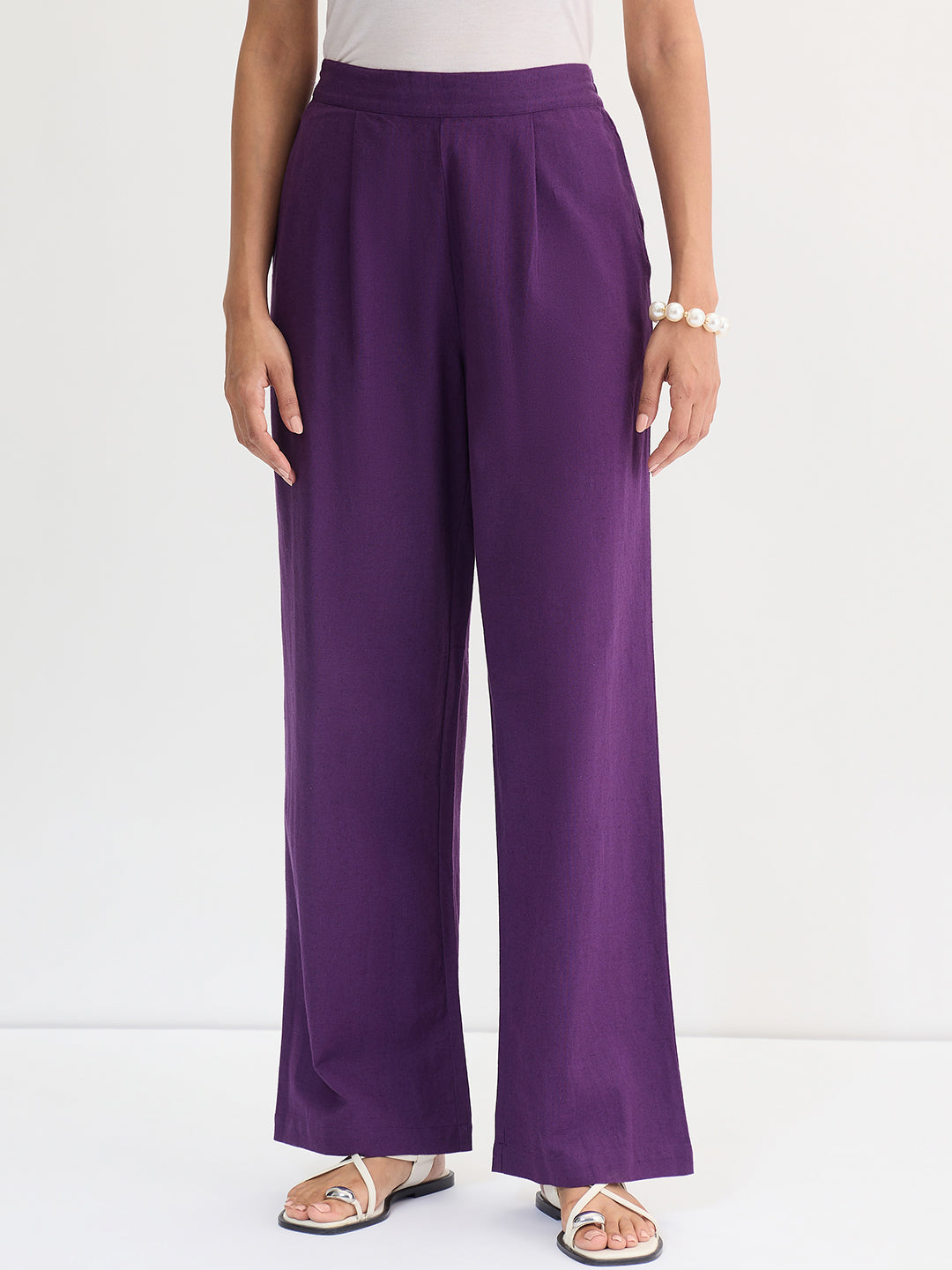 Deep Purple Cotton Linen Straight Pants