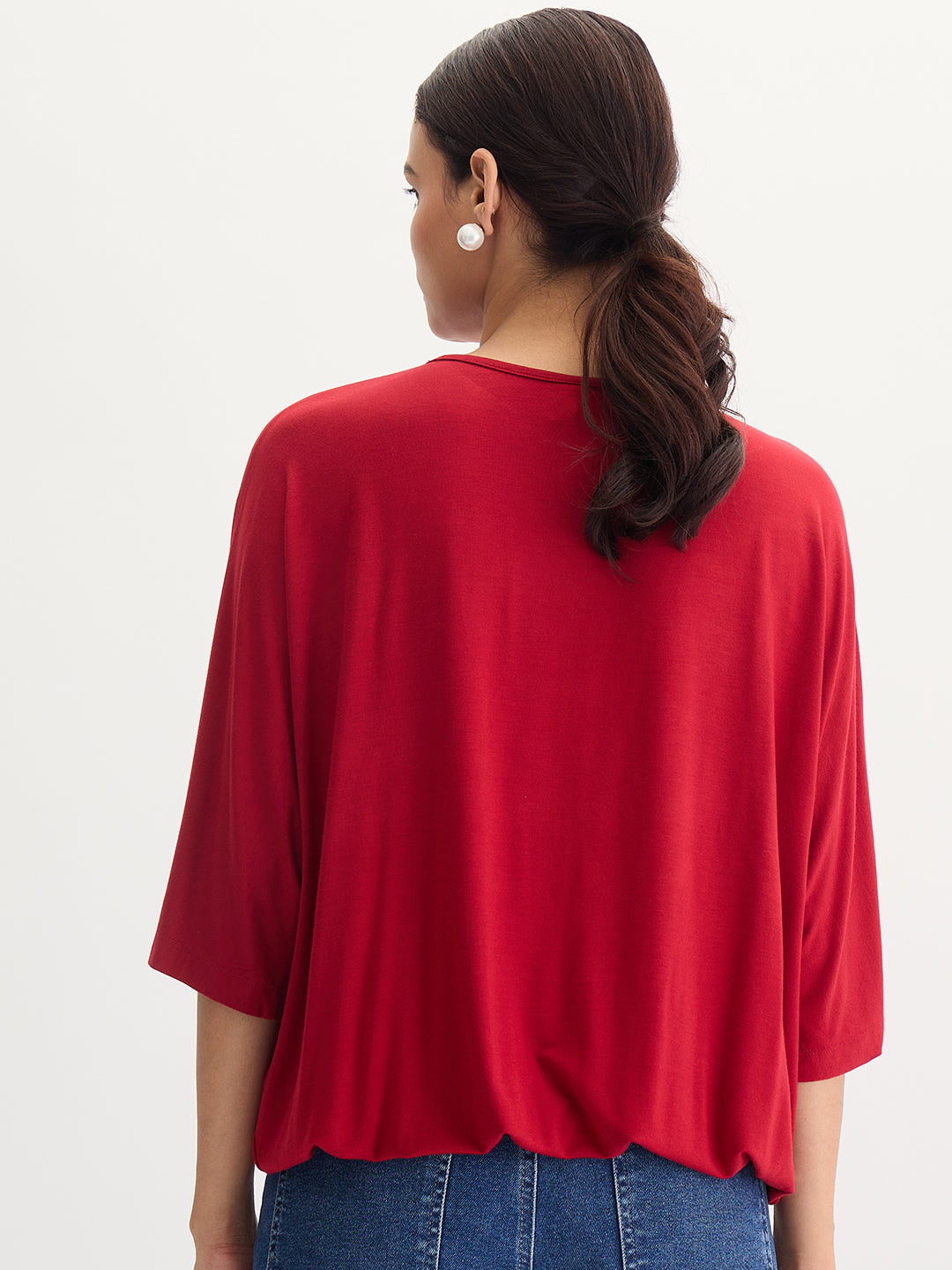 Bamboo Deep Red Knit Elasticated Hem Detail Top