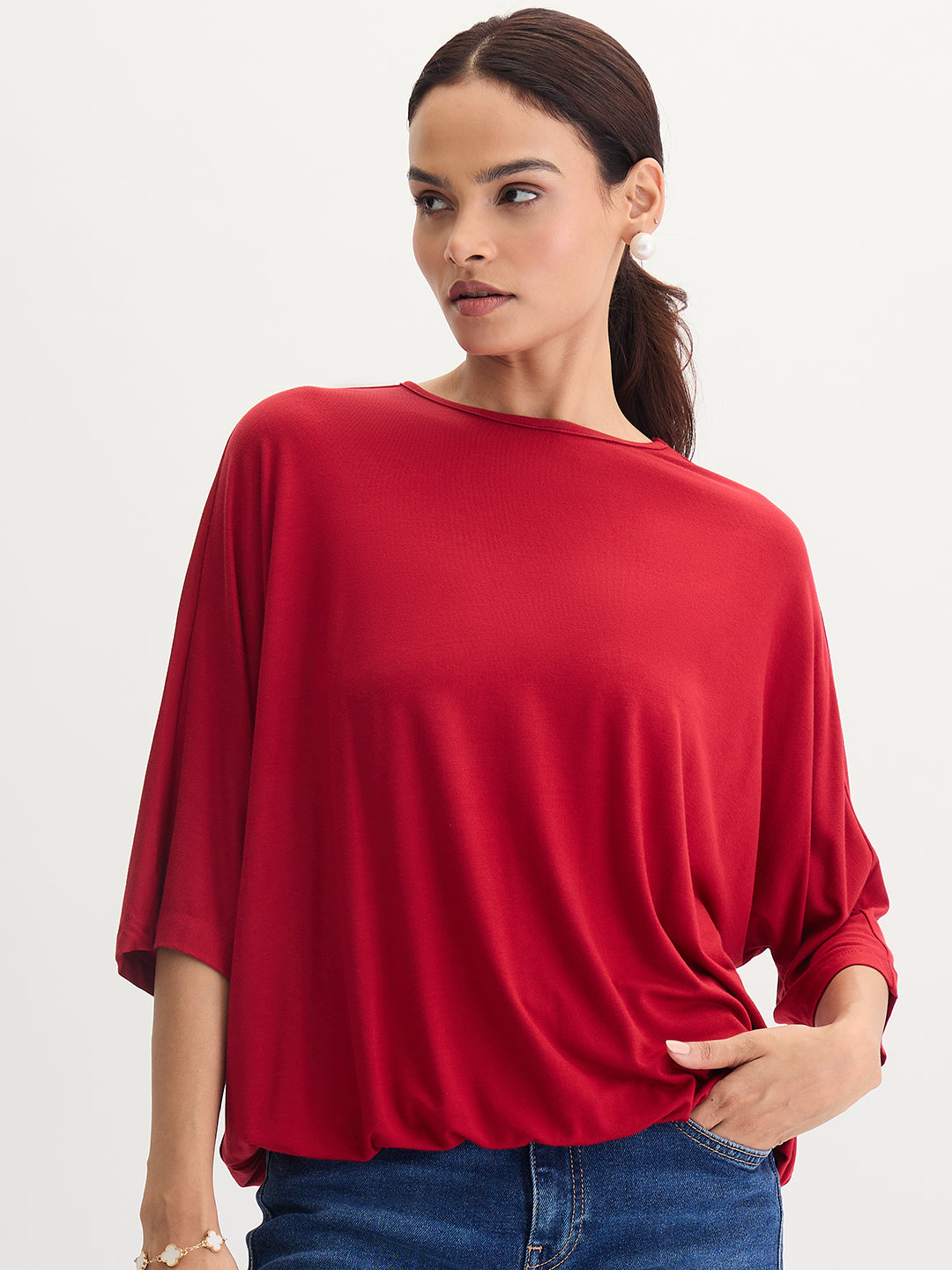 Bamboo Deep Red Knit Elasticated Hem Detail Top