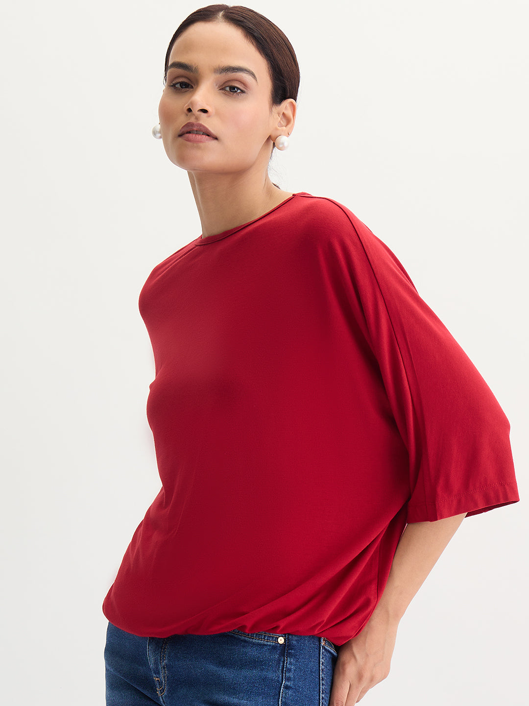 Bamboo Deep Red Knit Elasticated Hem Detail Top