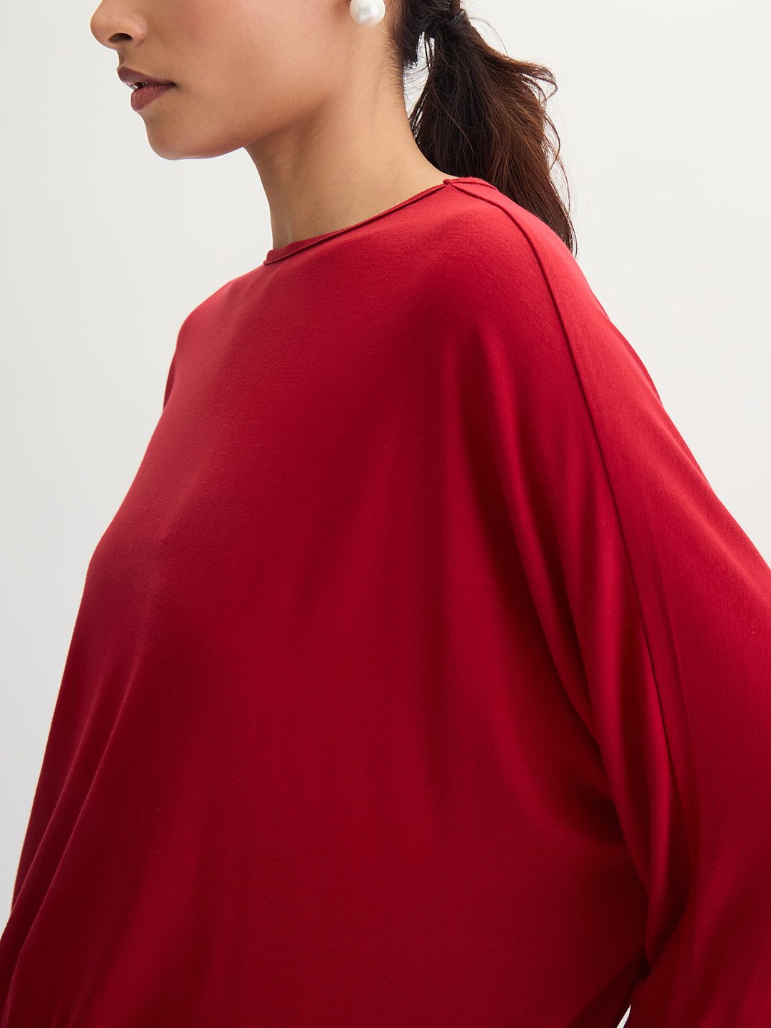 Bamboo Deep Red Knit Elasticated Hem Detail Top