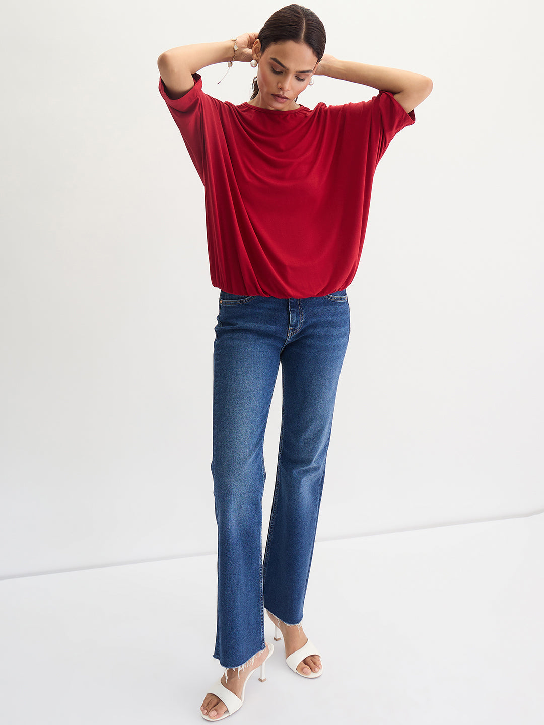 Bamboo Deep Red Knit Elasticated Hem Detail Top