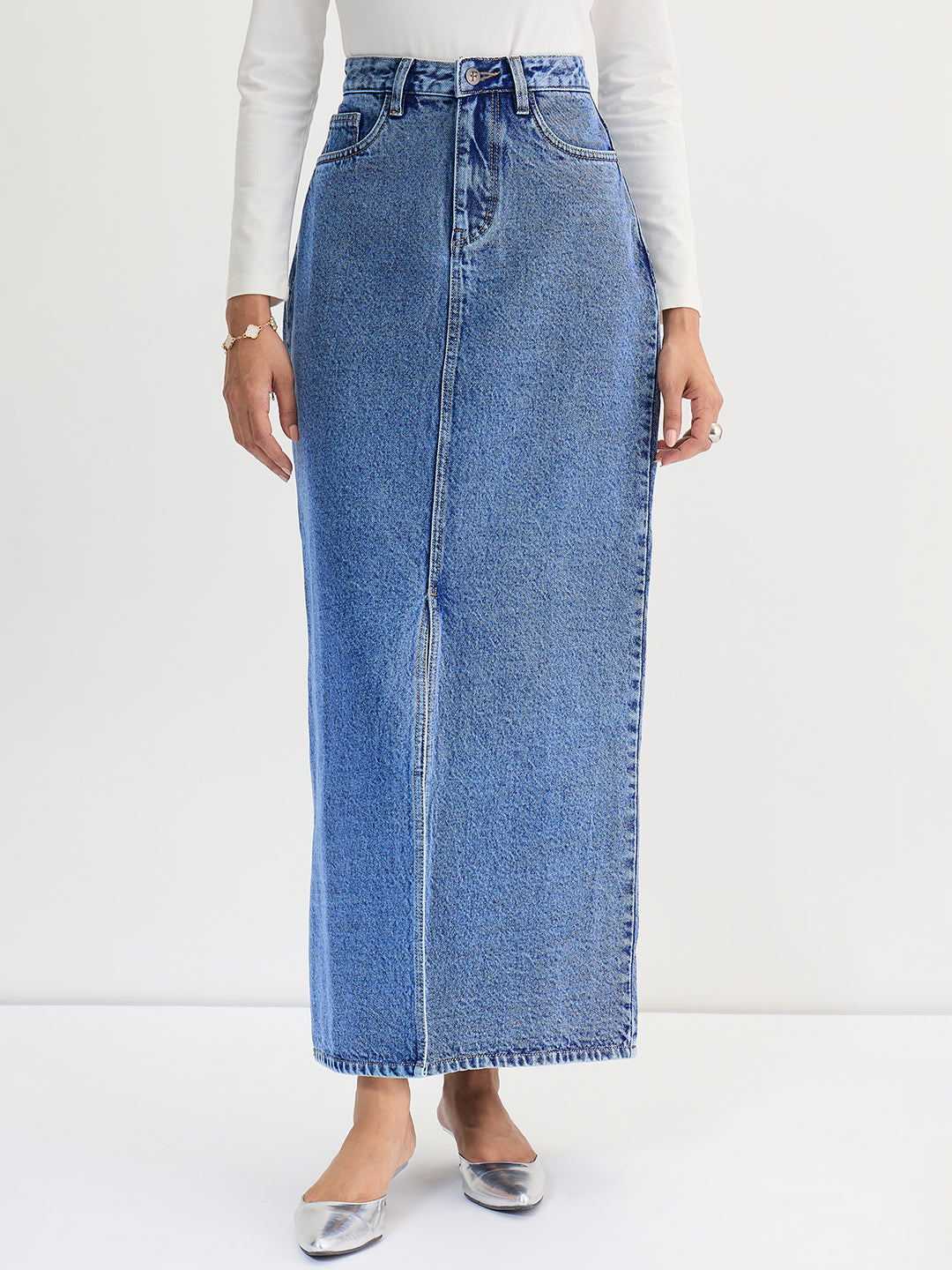 Mid-Blue Denim Maxi Skirt